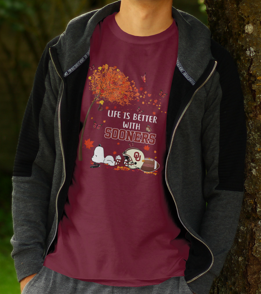 Life Is Better With Sooners Football Autumn Leaves And Butterflies T-Shirt