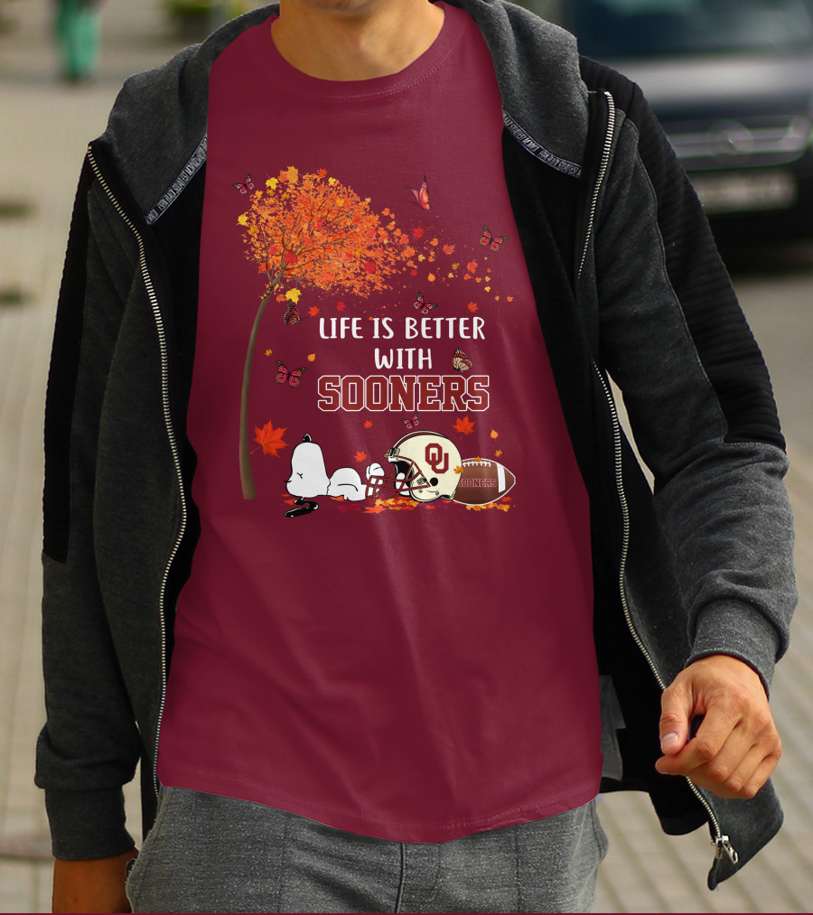 Life Is Better With Sooners Football Autumn Leaves And Butterflies T-Shirt