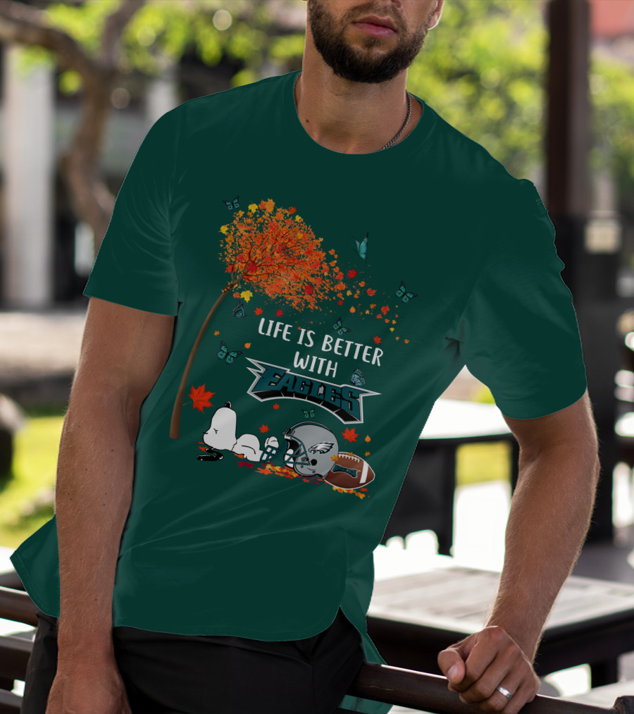 Life Is Better With Eagles Football Autumn Leaves And Butterflies T-Shirt