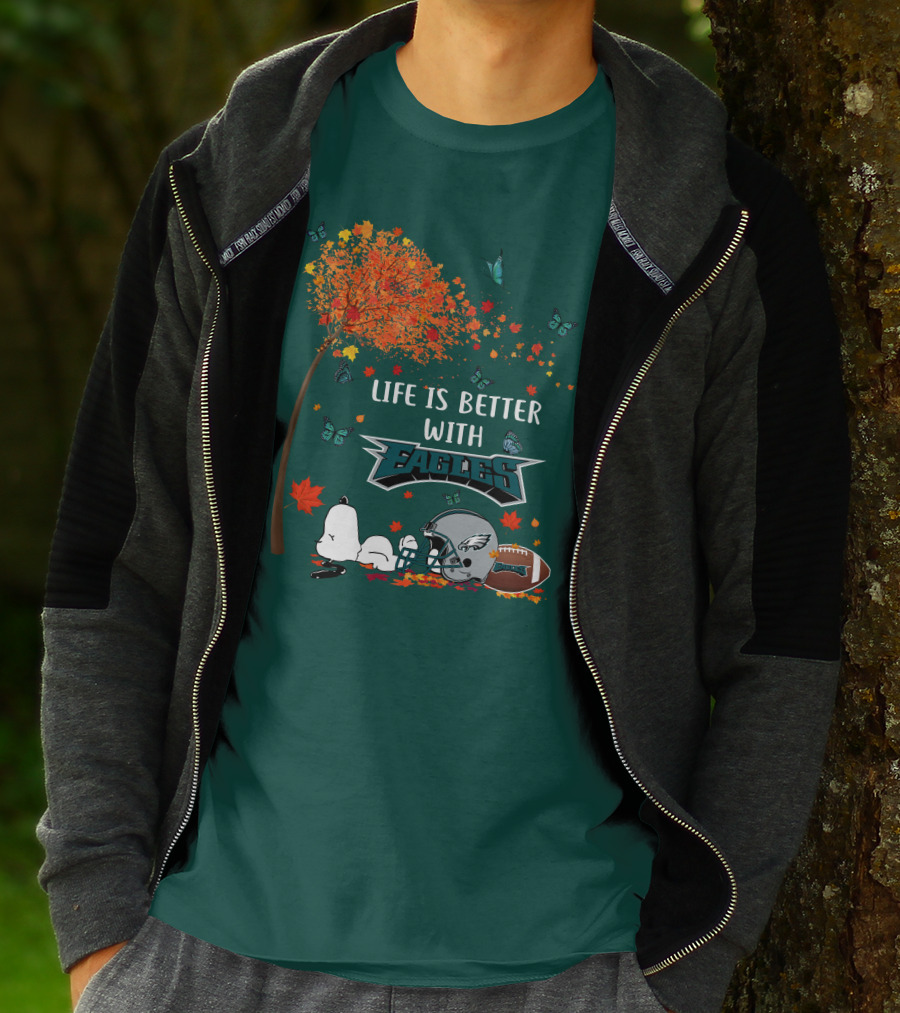Life Is Better With Eagles Football Autumn Leaves And Butterflies T-Shirt