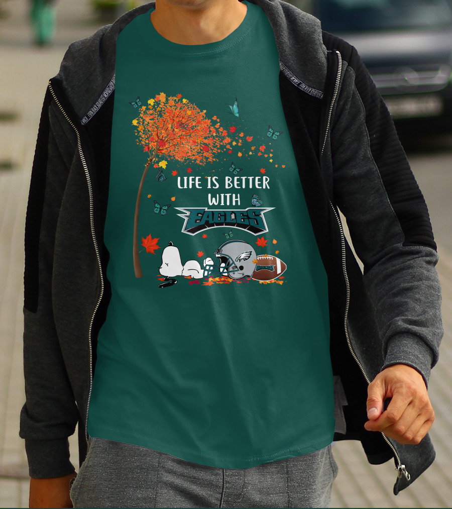 Life Is Better With Eagles Football Autumn Leaves And Butterflies T-Shirt