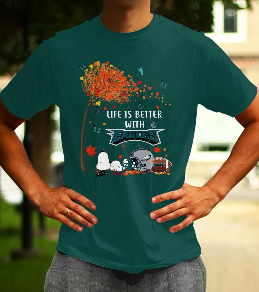 Life Is Better With Eagles Football Autumn Leaves And Butterflies T-Shirt