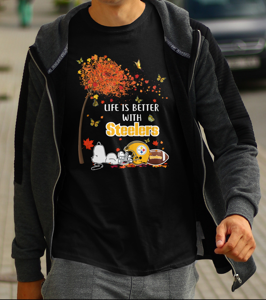 Life Is Better With Steelers Autumn Snoopy Football Helmet T-Shirt