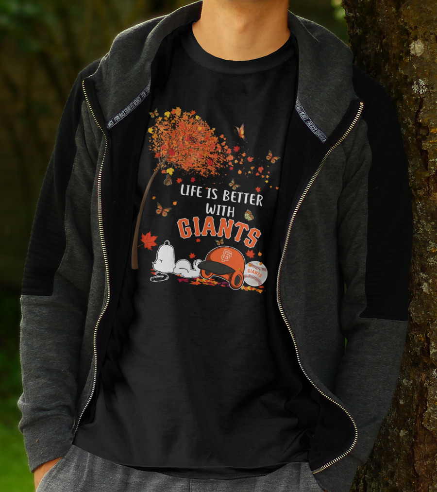 Life Is Better With Giants Snoopy Fall Leaves Baseball Cap T-Shirt