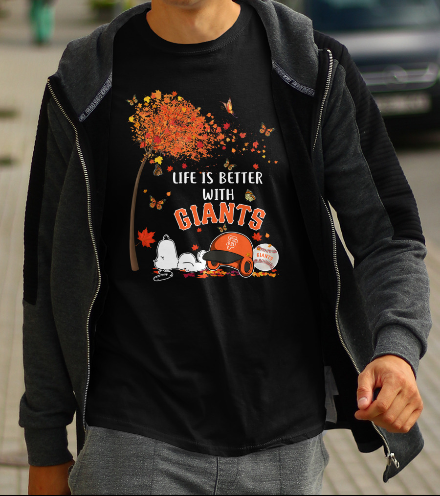 Life Is Better With Giants Snoopy Fall Leaves Baseball Cap T-Shirt