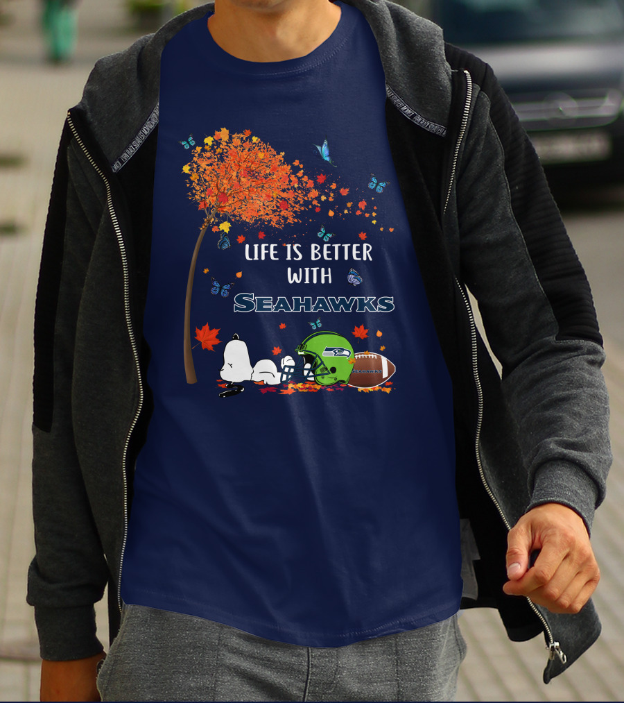 Life Is Better With Seattle Seahawks Autumn Leaves Football Helmet Snoopy And Woodstock T-Shirt