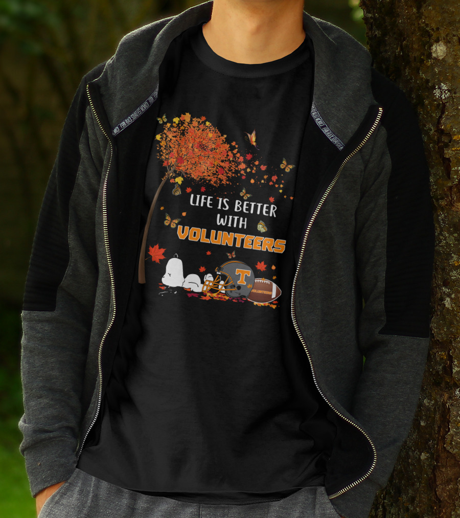 Life Is Better With Volunteers Tennessee Football Autumn Leaves And Butterflies T-Shirt
