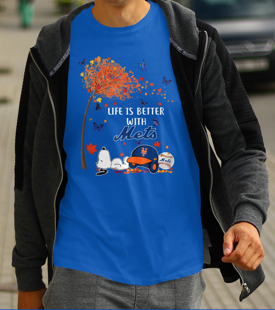 Life Is Better With Mets Autumn Baseball Joy And Cartoon Charm T-Shirt