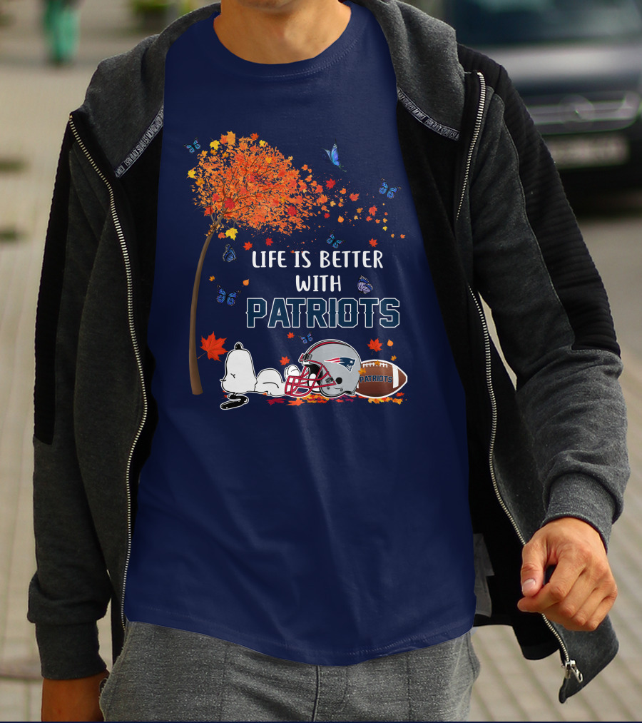 Life Is Better With Patriots New England Football Autumn Leaves And Snoopy T-Shirt