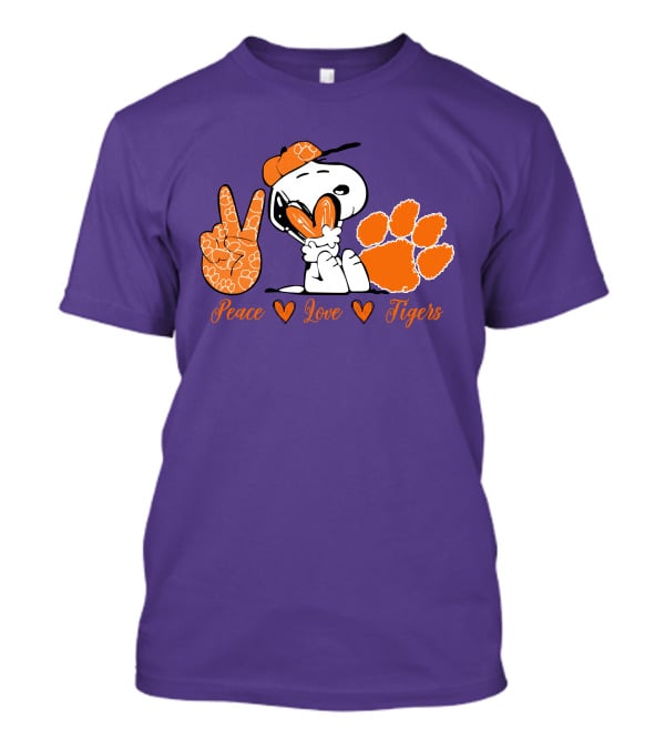 Peace Love Clemson Tigers Snoopy With Paw Print And Heart Icons T-Shirt