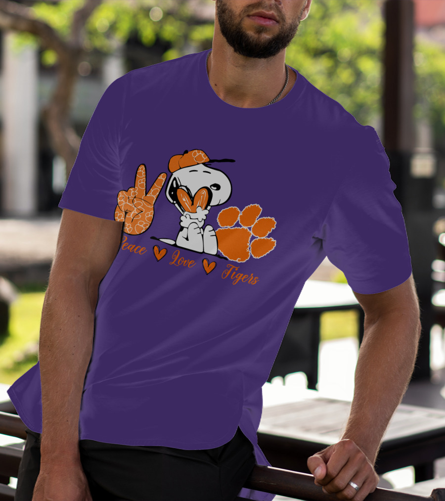 Peace Love Clemson Tigers Snoopy With Paw Print And Heart Icons T-Shirt
