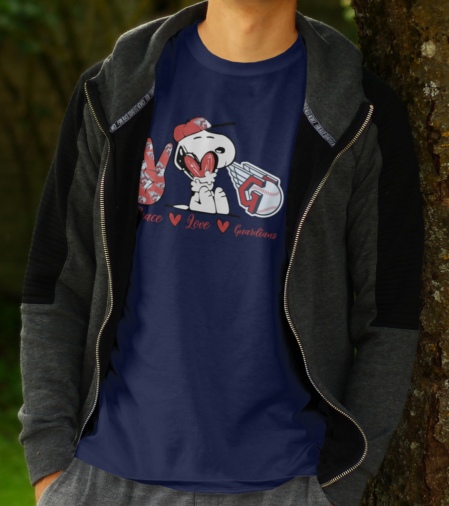 Snoopy Peace Love Cleveland Guardians Baseball Iconic Imagery With Red Heart And Cap T-Shirt
