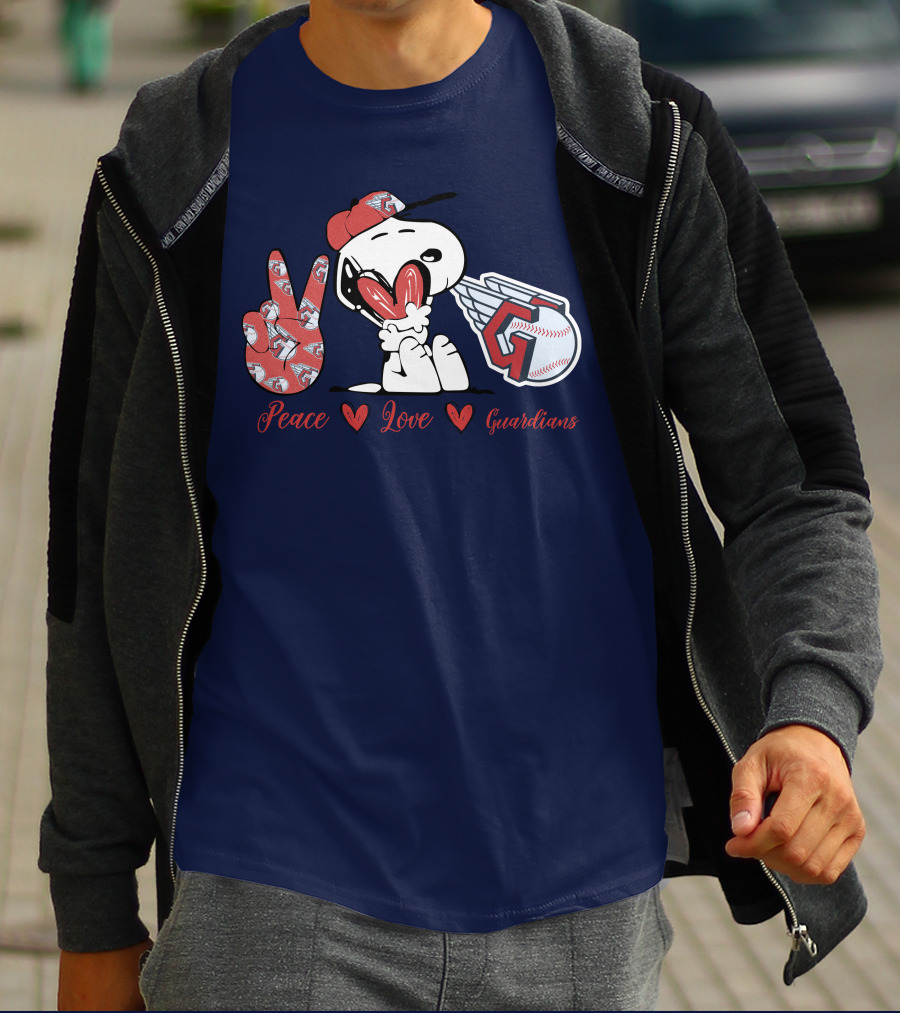 Snoopy Peace Love Cleveland Guardians Baseball Iconic Imagery With Red Heart And Cap T-Shirt