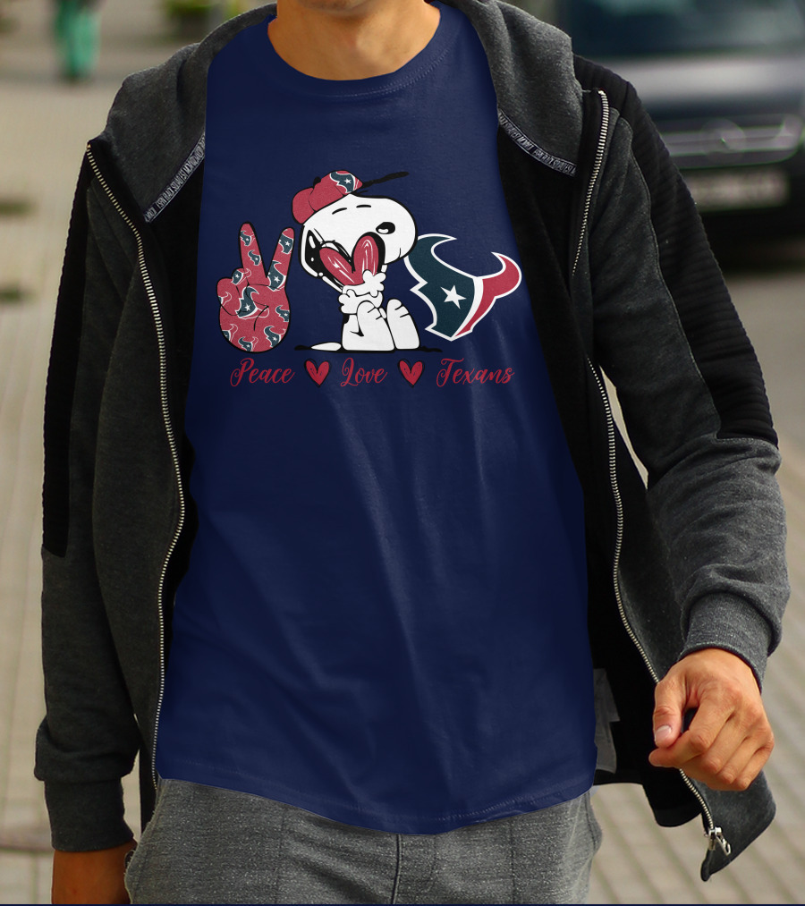 Snoopy Peace Love Houston Texans Football Fan T-Shirt