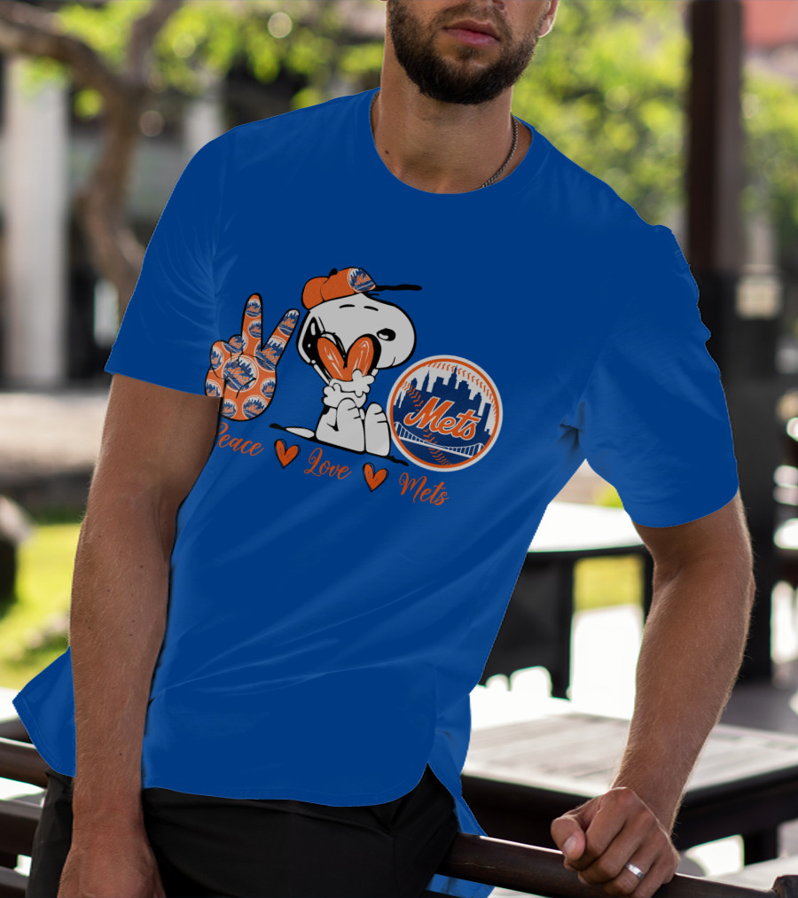 Snoopy Peace Love Mets New York City Skyline Baseball T-Shirt