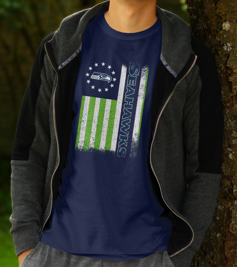 Seattle Seahawks American Flag Green Stripes 12 Stars T-Shirt