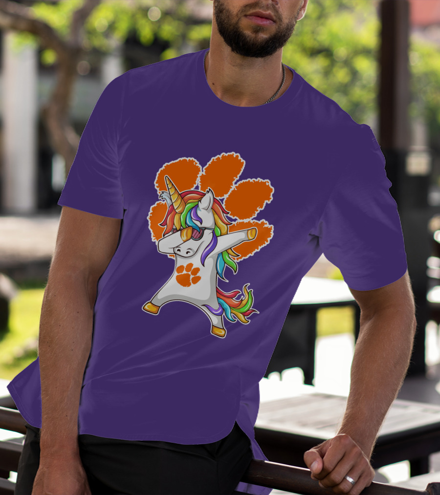 Clemson Tigers Dabbing Unicorn Paw Print Rainbow Mane T-Shirt
