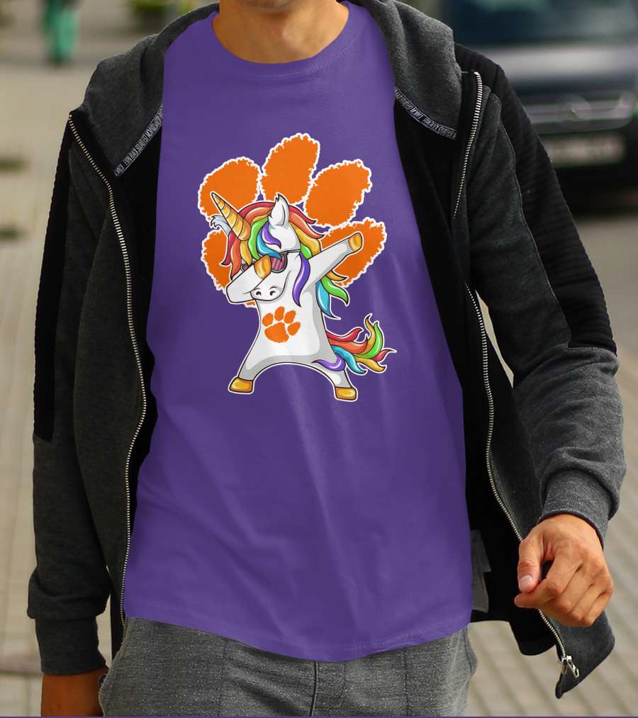 Clemson Tigers Dabbing Unicorn Paw Print Rainbow Mane T-Shirt