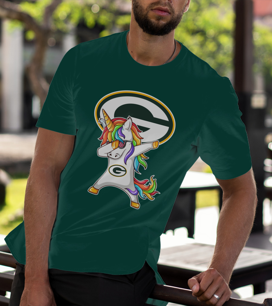 Green Bay Packers Dabbing Unicorn With Team Logo And Rainbow Mane T-Shirt