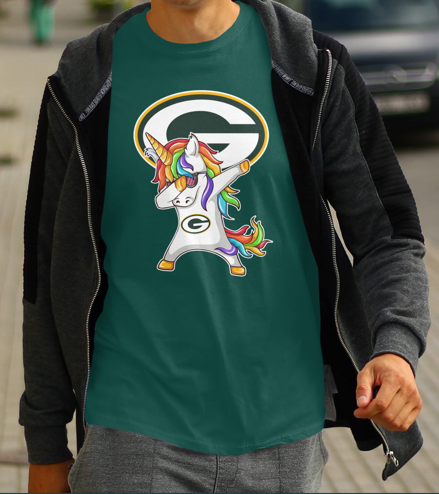 Green Bay Packers Dabbing Unicorn With Team Logo And Rainbow Mane T-Shirt