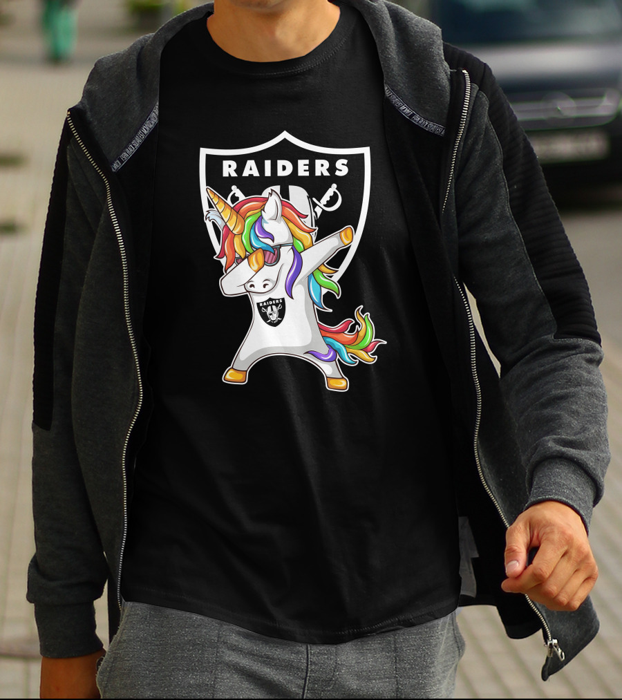 Las Vegas Raiders Unicorn Dabbing With Rainbow Mane In Shield T-Shirt
