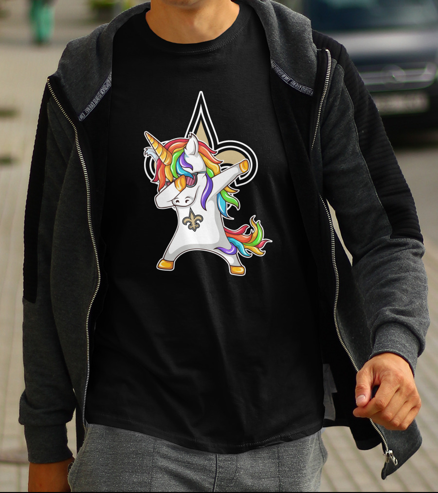 New Orleans Saints Unicorn Dabbing Fleur-de-Lis Rainbow Mane T-Shirt