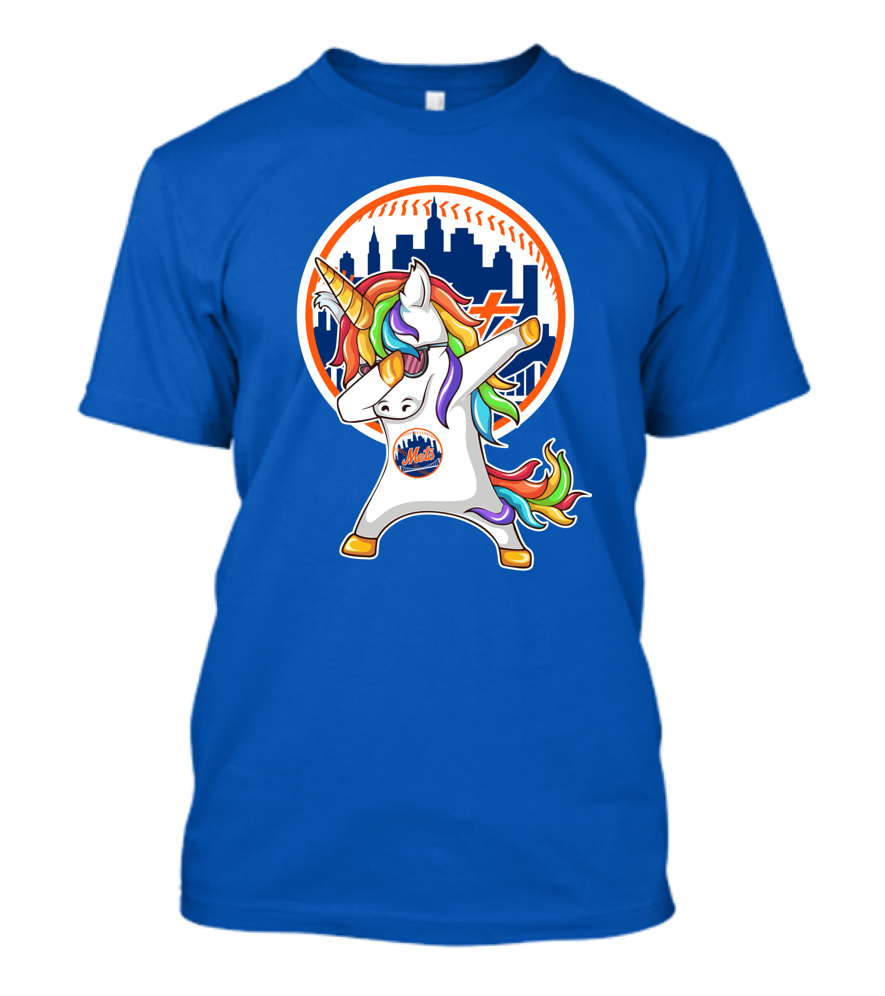 New York Mets Unicorn Dabbing Rainbow Skyline Baseball T-Shirt