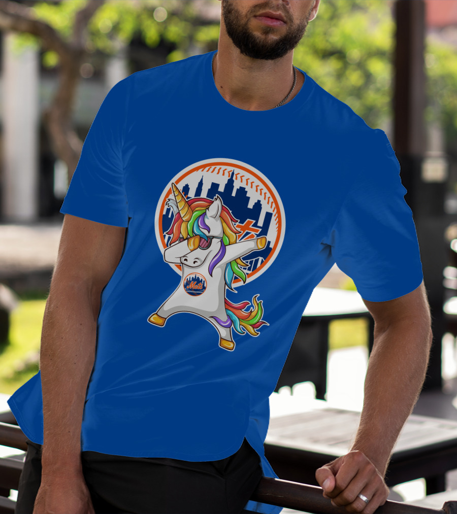 New York Mets Unicorn Dabbing Rainbow Skyline Baseball T-Shirt