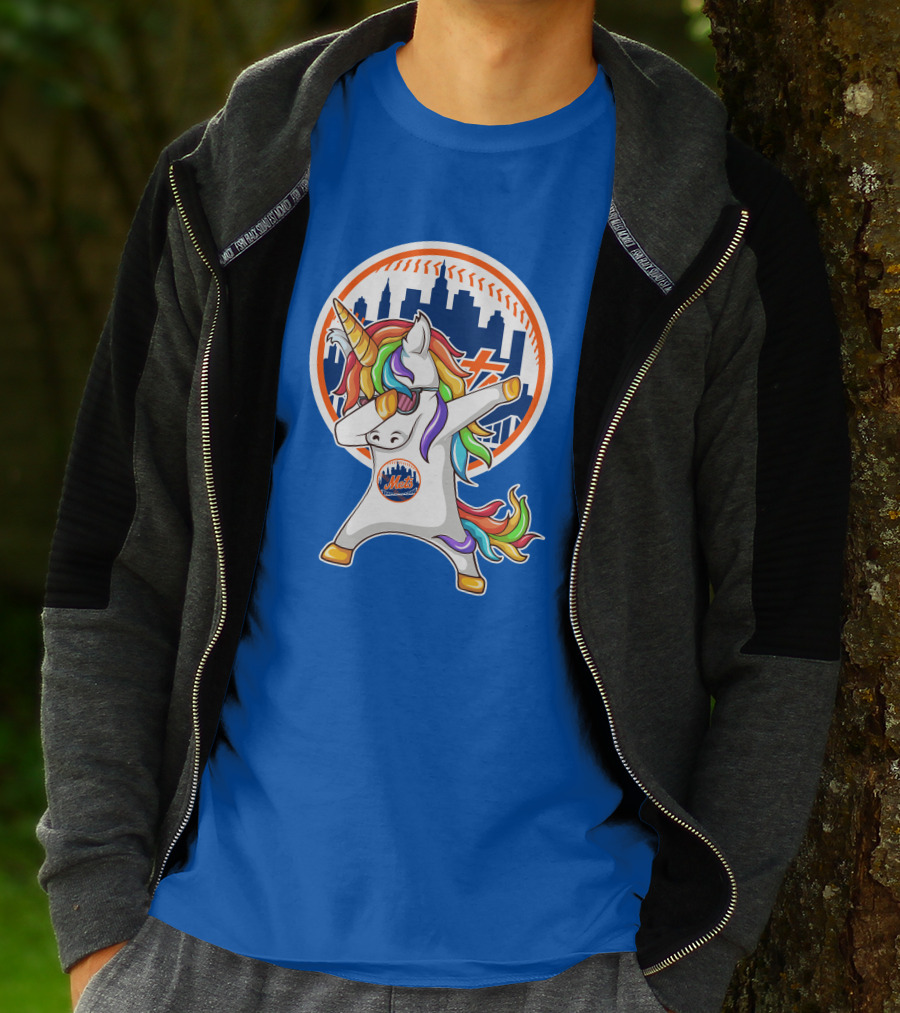 New York Mets Unicorn Dabbing Rainbow Skyline Baseball T-Shirt