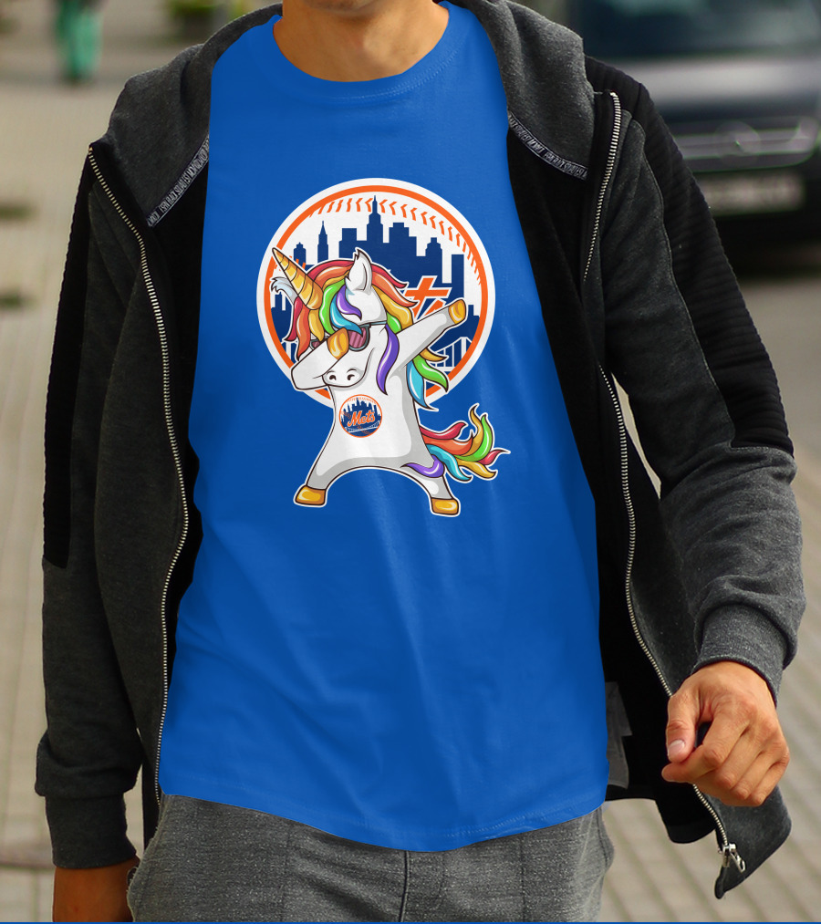 New York Mets Unicorn Dabbing Rainbow Skyline Baseball T-Shirt