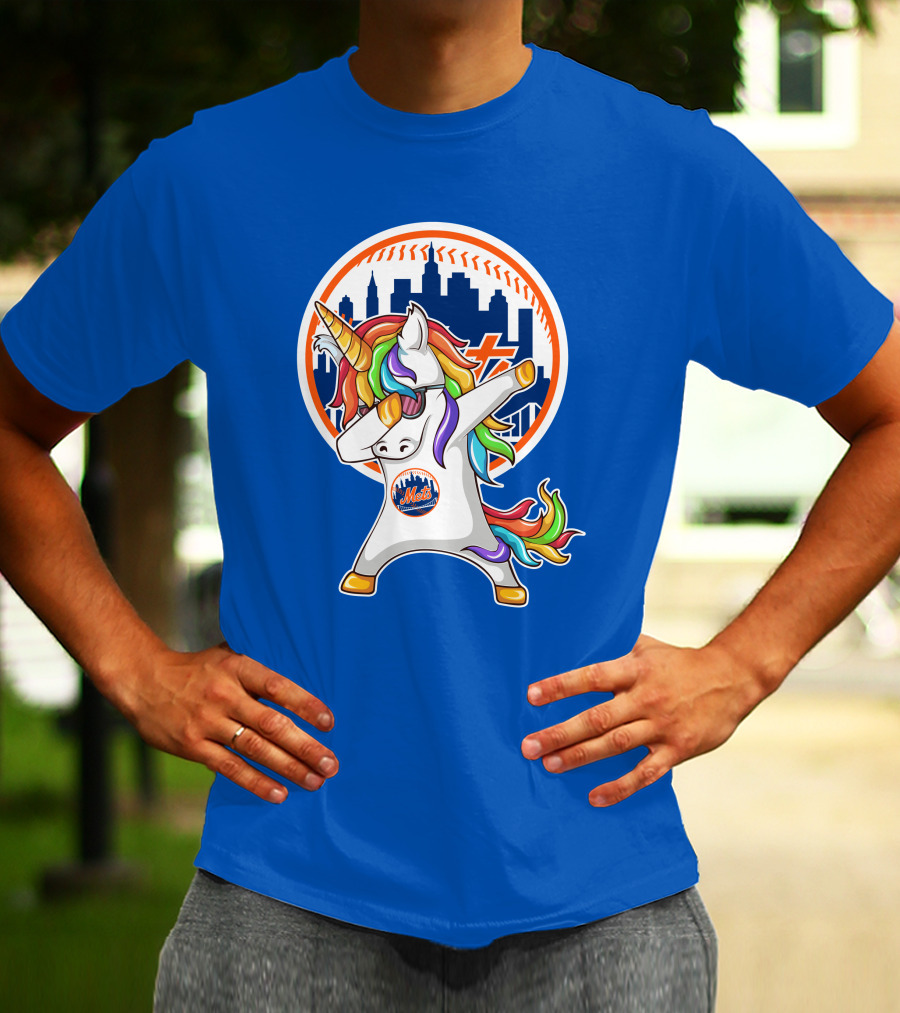 New York Mets Unicorn Dabbing Rainbow Skyline Baseball T-Shirt