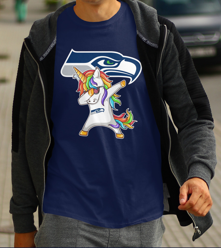 Seattle Seahawks Unicorn Dabbing Rainbow Hair T-Shirt
