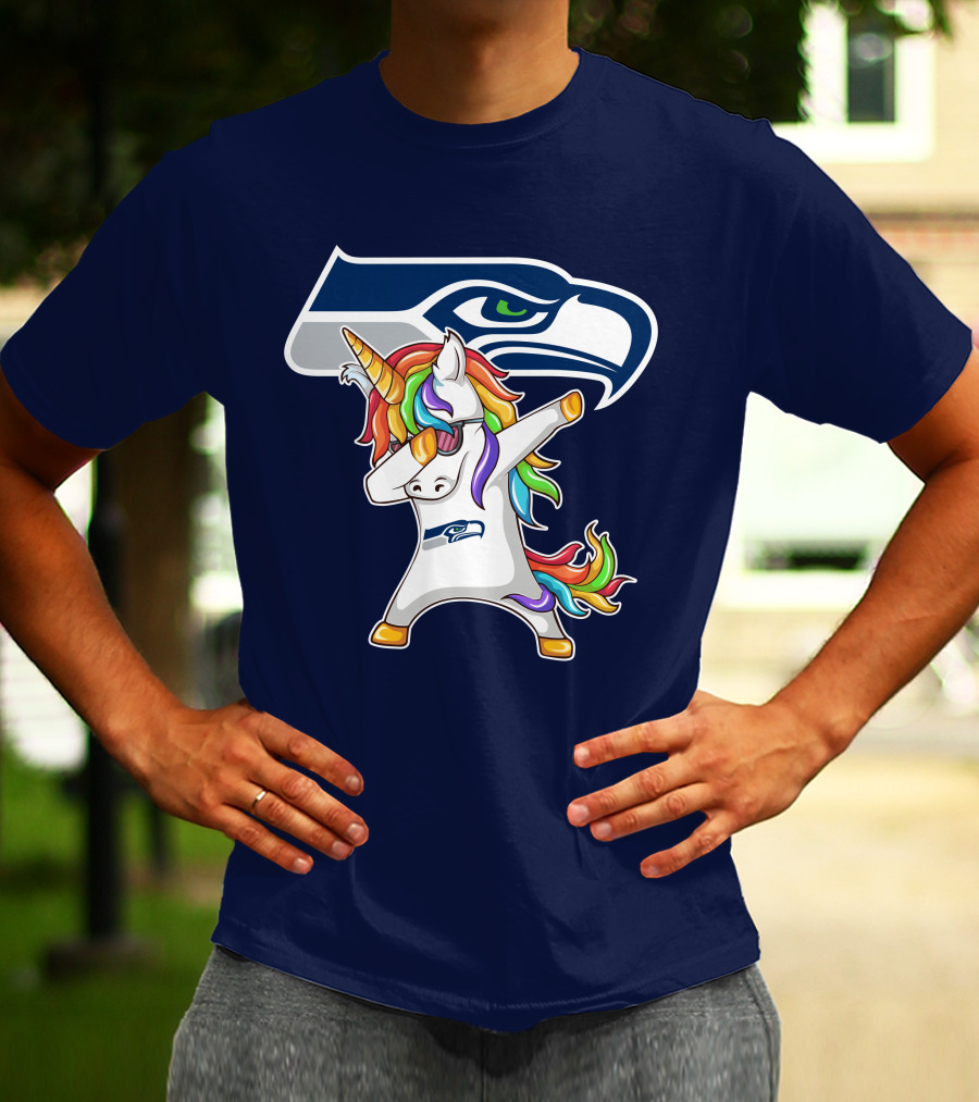 Seattle Seahawks Unicorn Dabbing Rainbow Hair T-Shirt