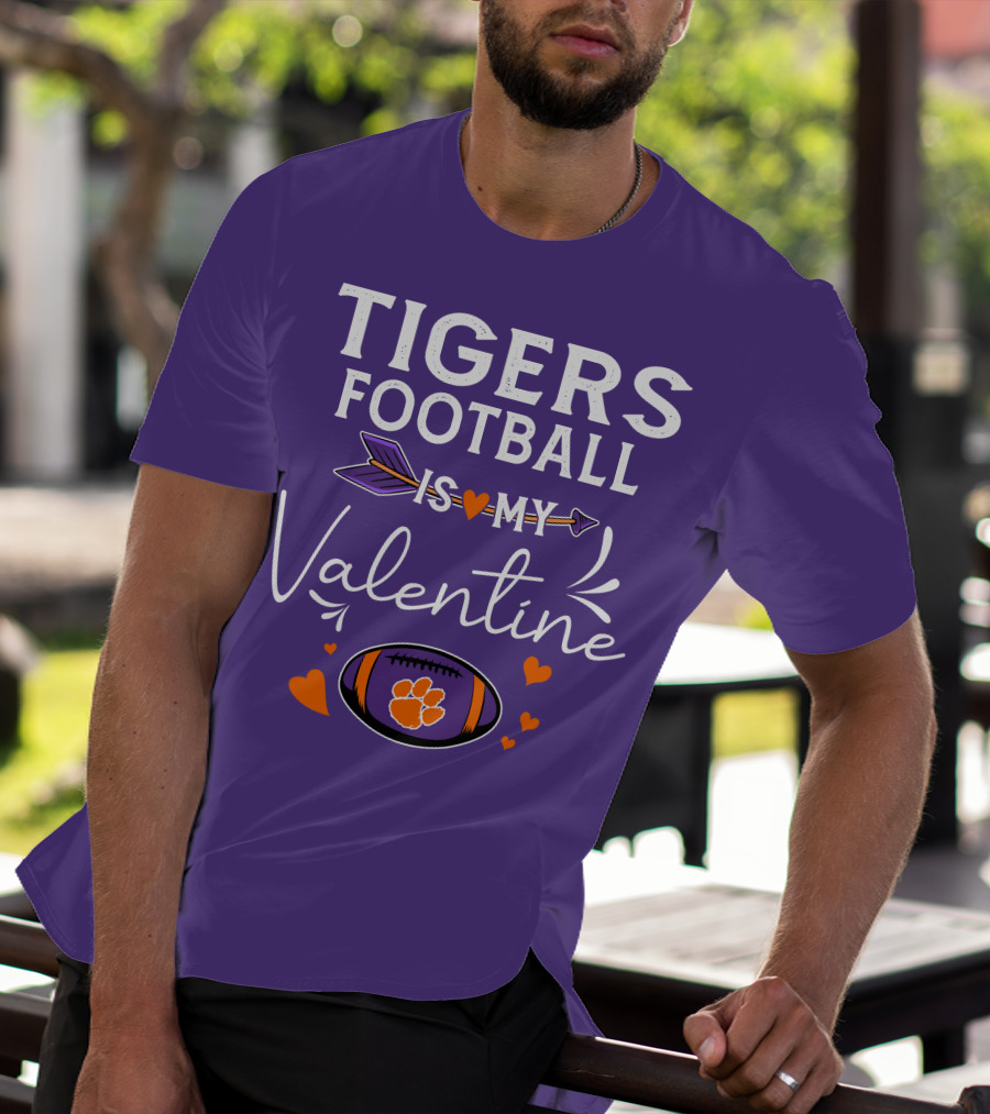 Tigers Football Is My Valentine With Paw Print And Hearts T-Shirt