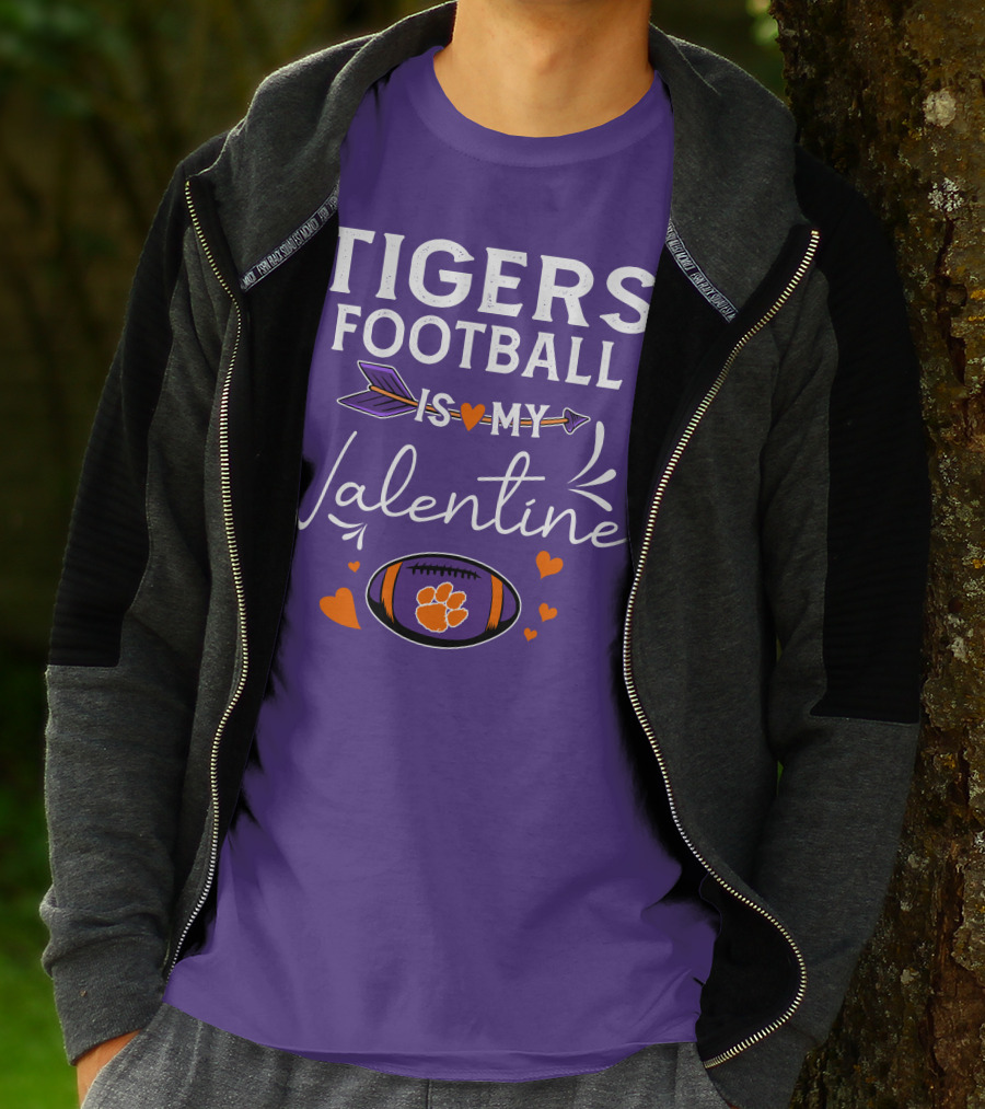 Tigers Football Is My Valentine With Paw Print And Hearts T-Shirt