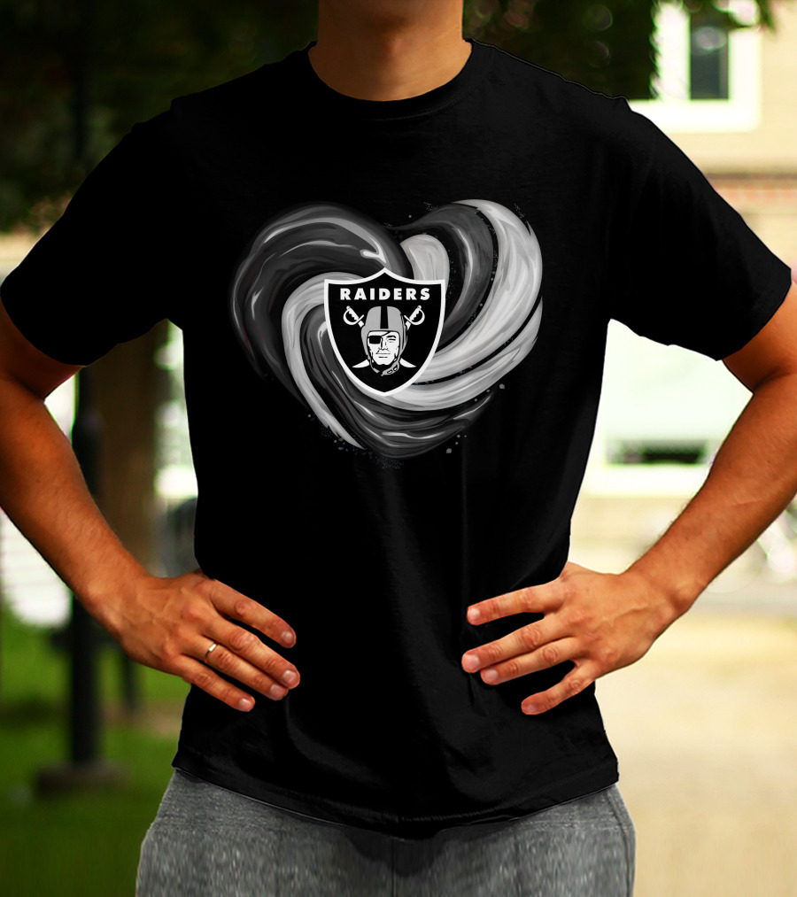 Las Vegas Raiders Heart Design With Logo In Black And White Swirl T-Shirt