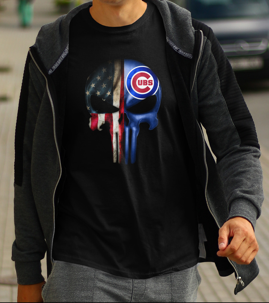 Chicago Cubs Punisher Skull American Flag T-Shirt