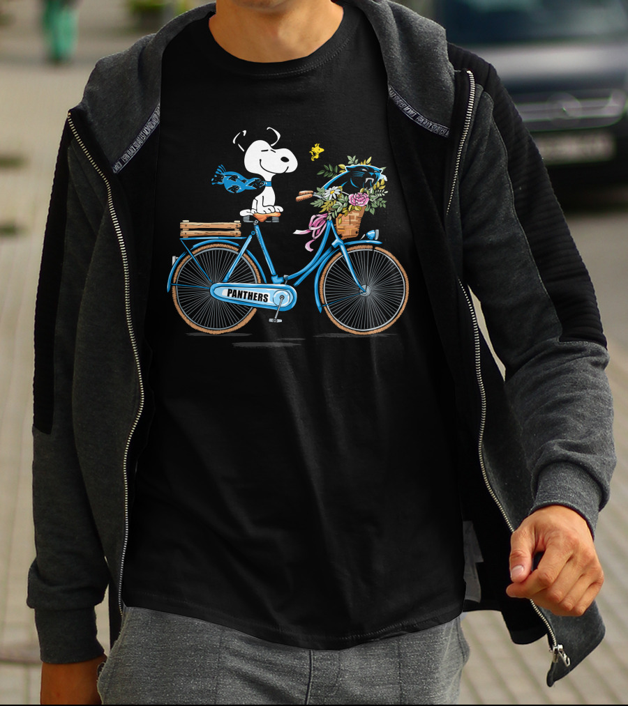 Panthers Snoopy On Bicycle With Flowers And Woodstock T-Shirt