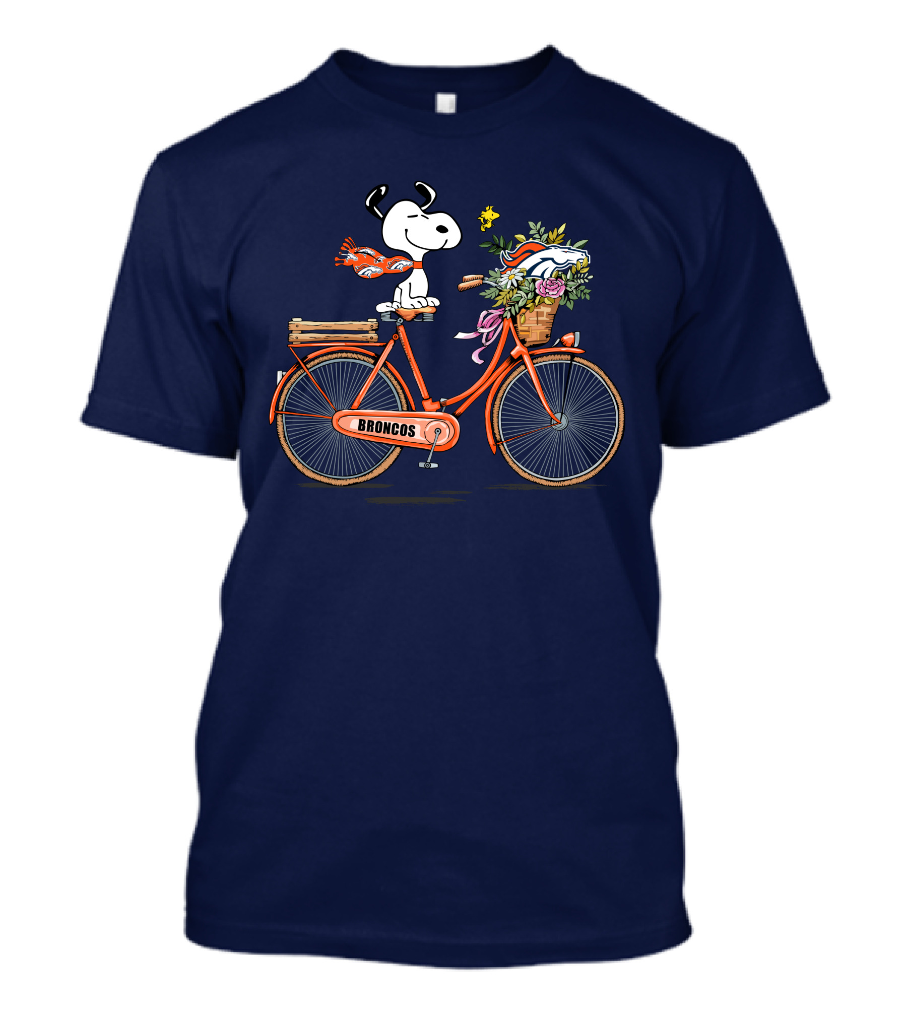 Denver Broncos Snoopy On Bicycle With Woodstock And Helmet T-Shirt