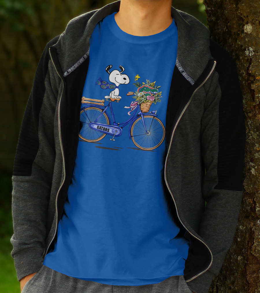 Snoopy Riding Gators Bike With Florida Gators Logo And Basket Of Flowers T-Shirt