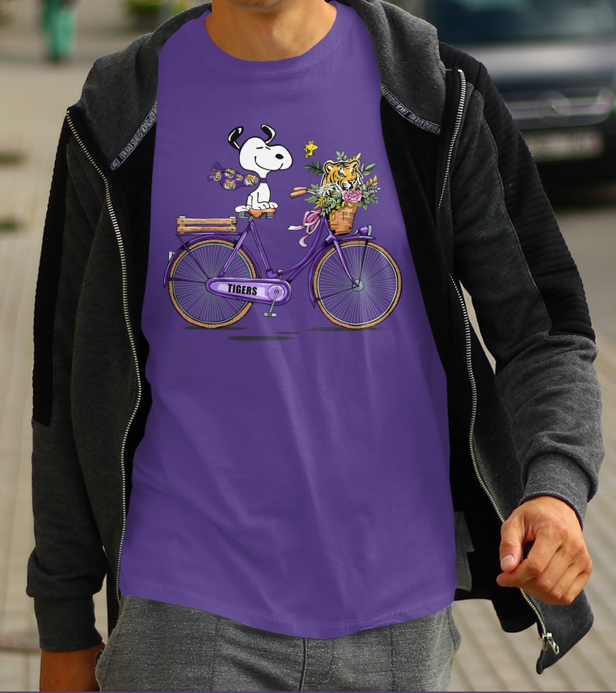 Snoopy Riding Purple Bicycle With LSU Tigers Bouquet T-Shirt
