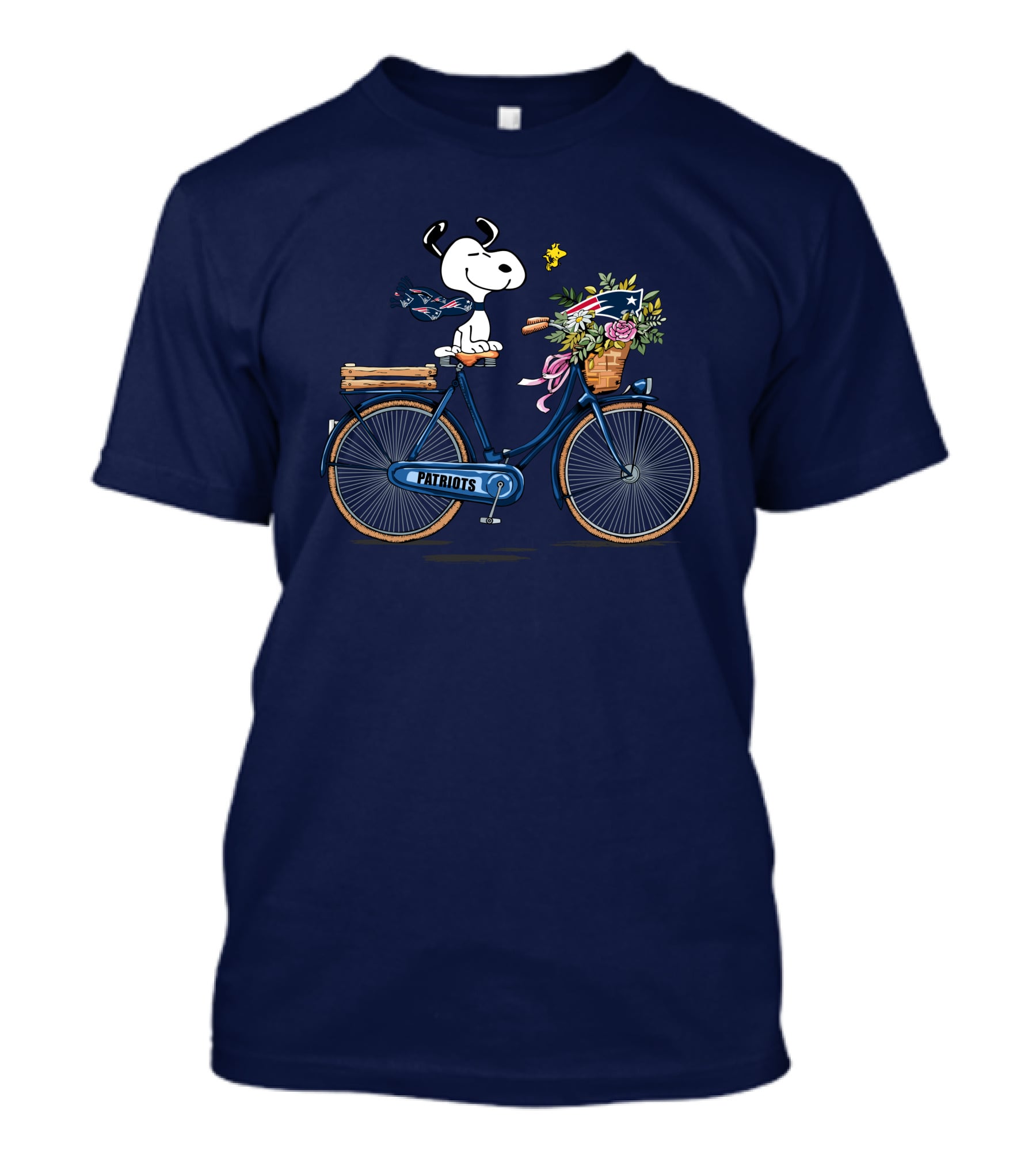 New England Patriots Happy Snoopy Bicycle With Flower Basket And Woodstock T-Shirt