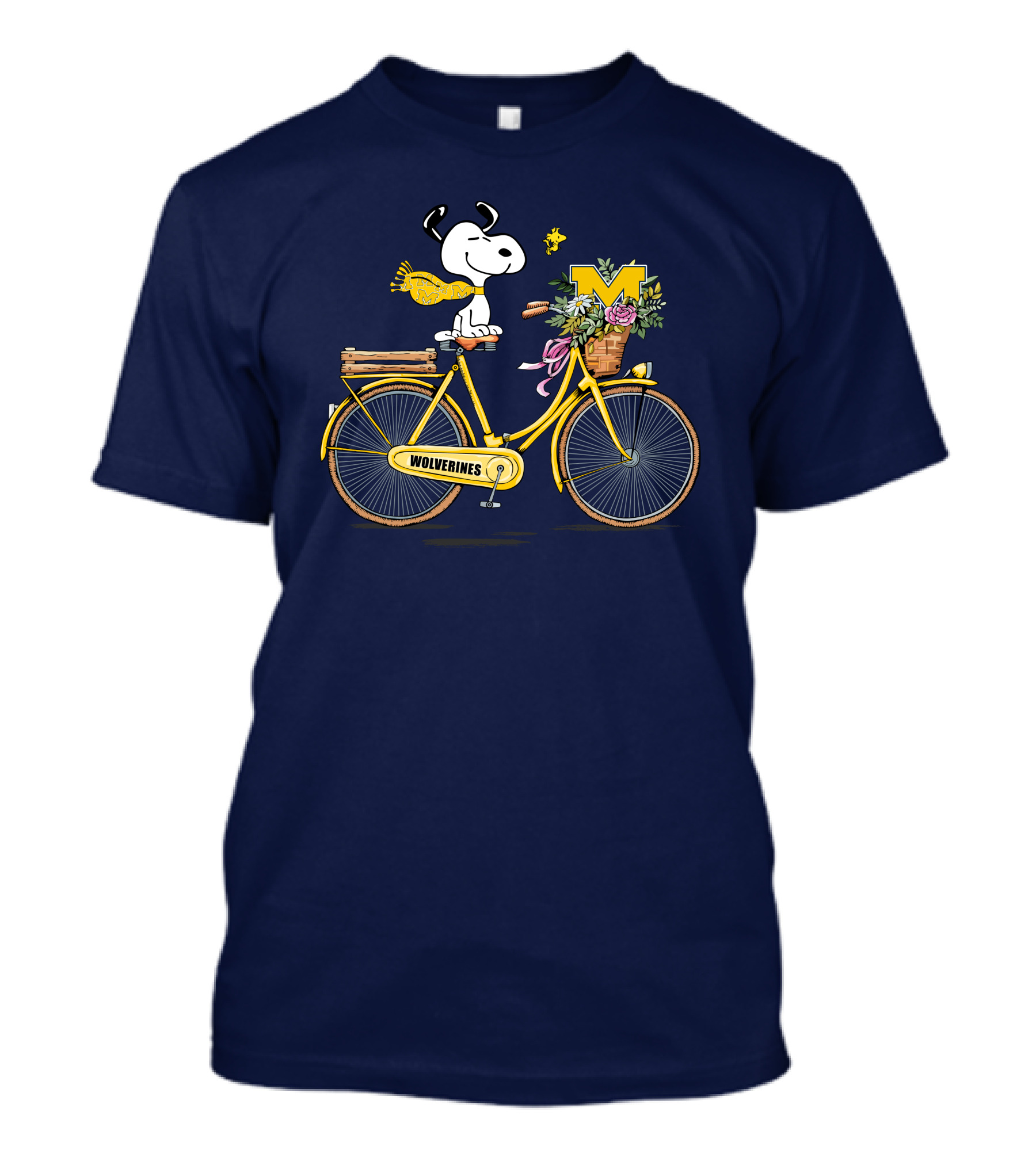 Michigan Wolverines Snoopy On Yellow Bicycle With Flowers T-Shirt