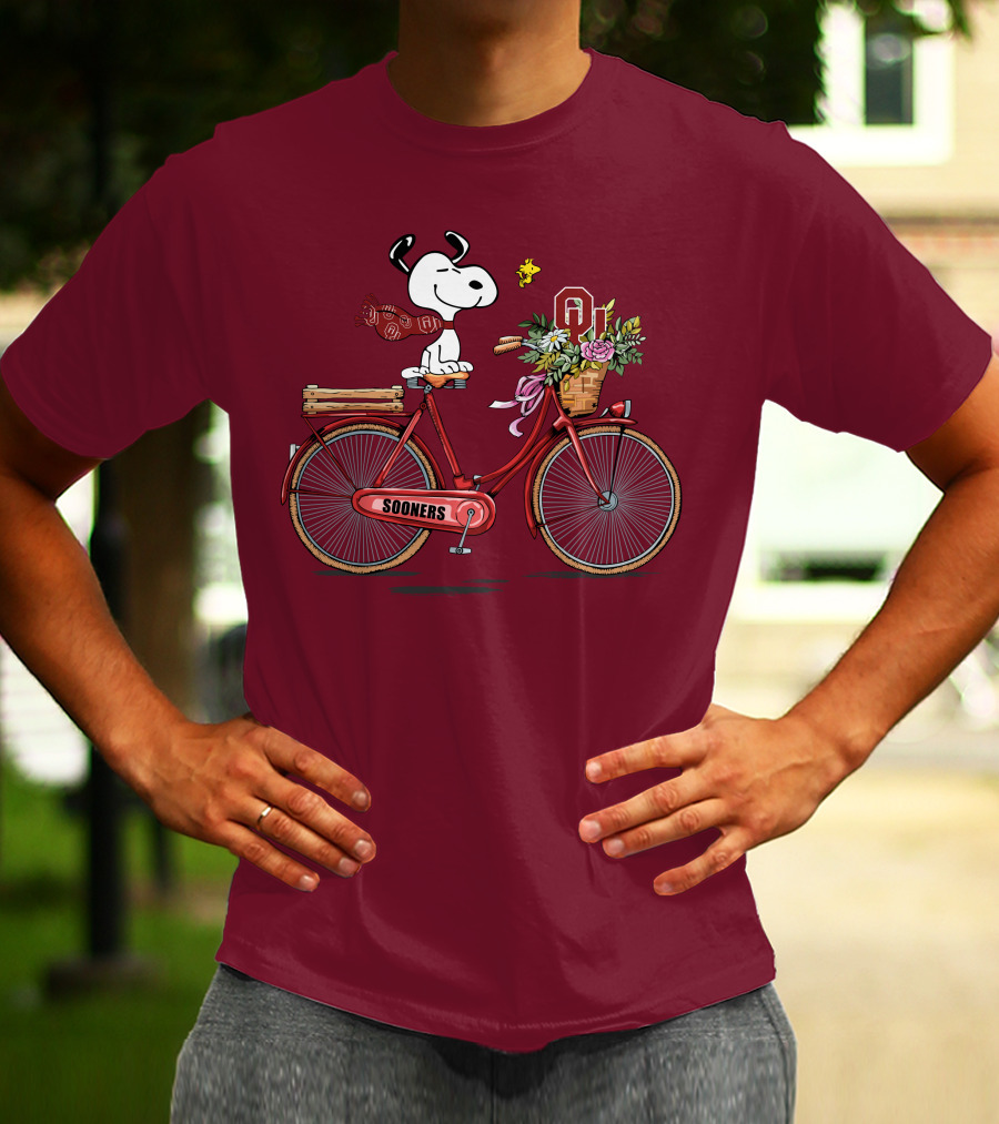 Oklahoma Sooners Snoopy Bicycle Flowers Woodstock T-Shirt