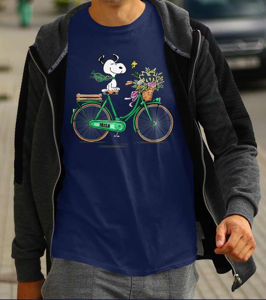 Notre Dame Fighting Irish Snoopy On Bicycle With Flowers And Woodstock T-Shirt