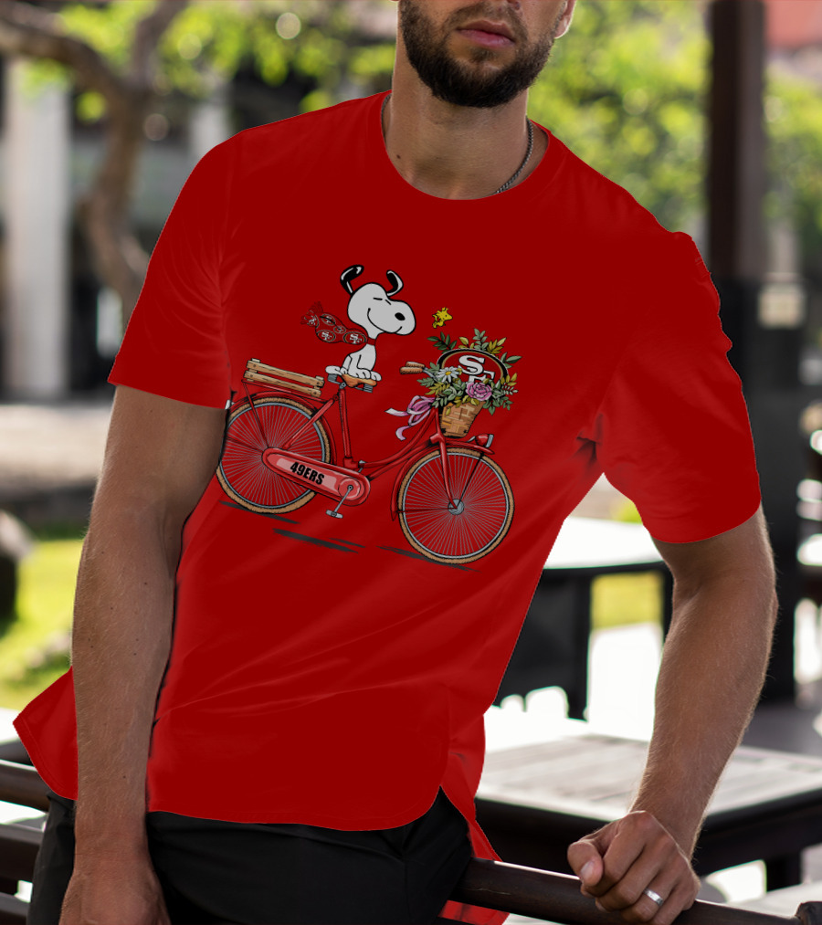San Francisco 49ers Snoopy Riding Bike With Flowers T-Shirt