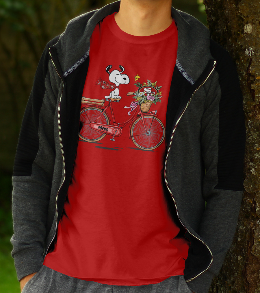 San Francisco 49ers Snoopy Riding Bike With Flowers T-Shirt