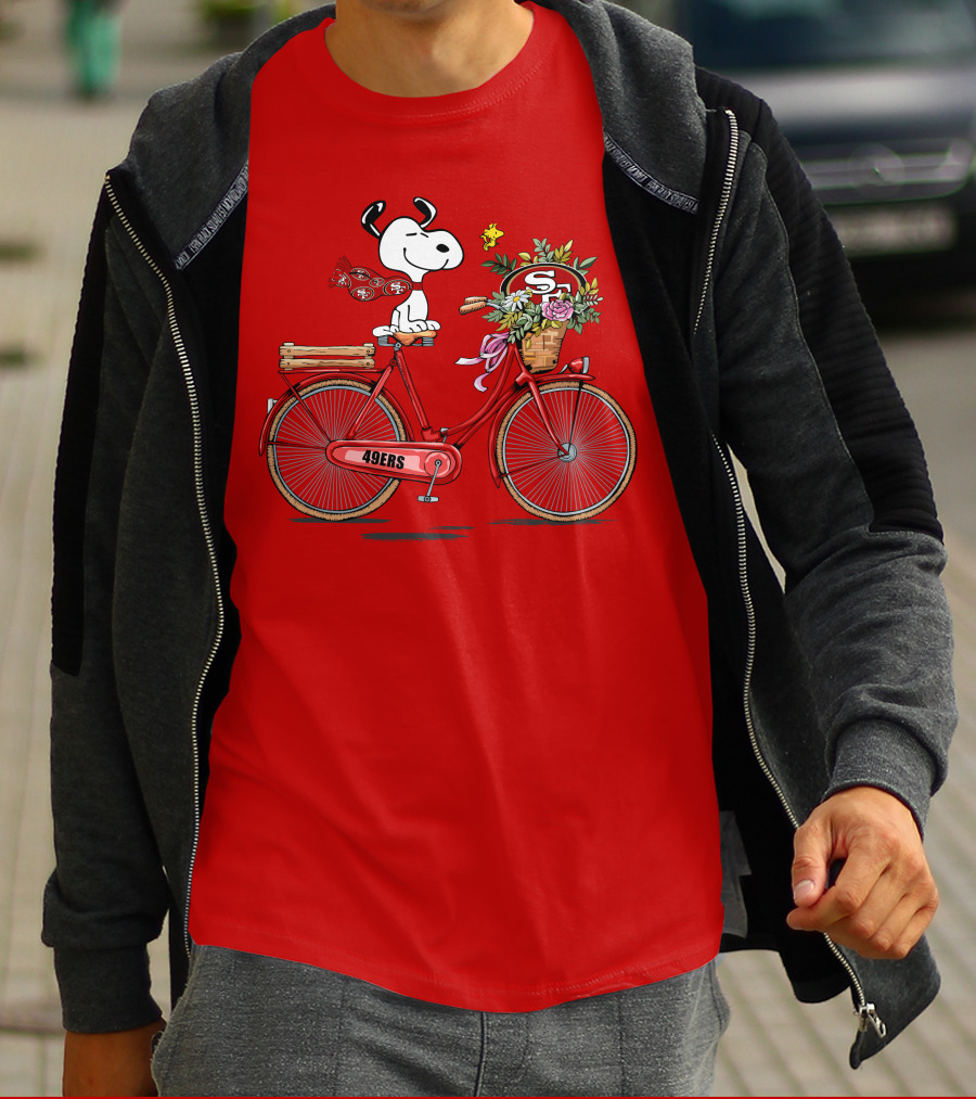 San Francisco 49ers Snoopy Riding Bike With Flowers T-Shirt