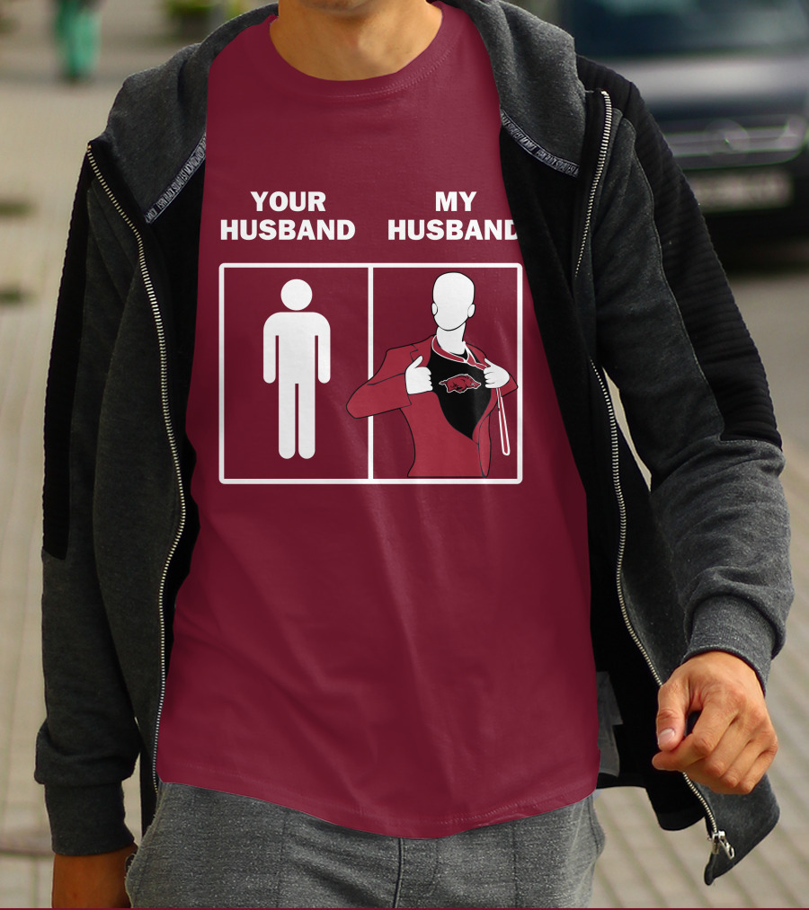 Arkansas Razorbacks Your Husband My Husband Superhero Fan Comparison T-Shirt