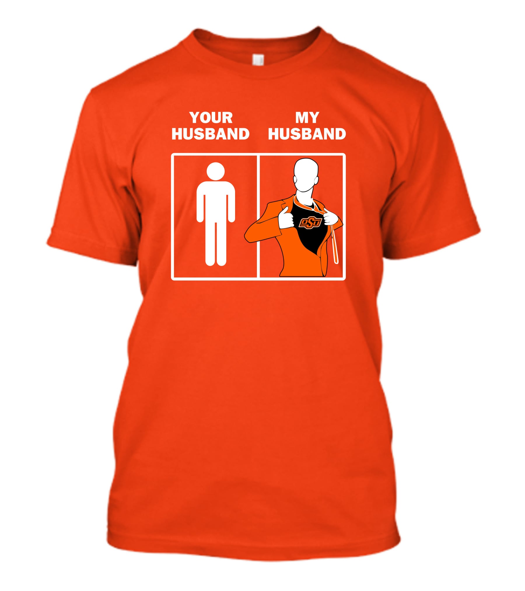 Oklahoma State Cowboys Your Husband My Husband OSU Logo Superhero Orange Suit T-Shirt